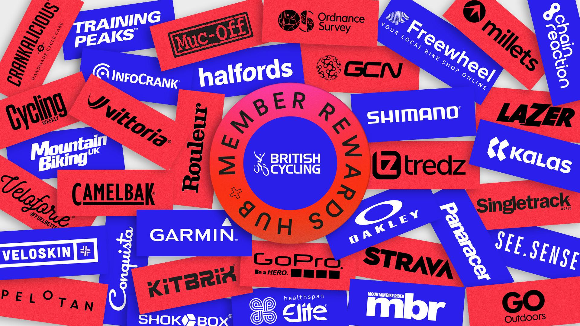 Member Rewards Hub logo on backdrop of 100's of cycling brands